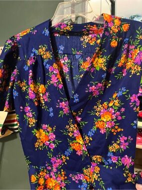 Navy Floral Wrap Blouse - Vibrant Pink & Orange Print
